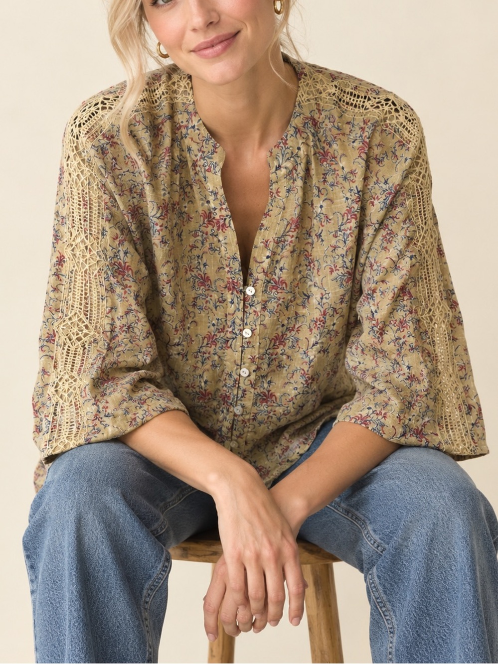 Wrap London Botanical Print Cotton Button Down Elbow Sleeves US 6